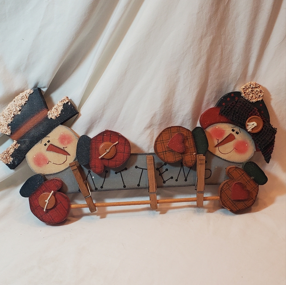 Snowmen Mittens Wood Wall Hanging Handcrafted Hand Painted Hearts Buttons Rustic